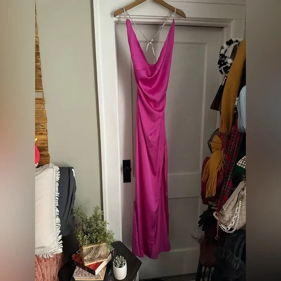 PrettyLittleThing | Dresses | Pink Diamante Cross Back Detail Satin Cowl  Maxi Dress | Poshmark